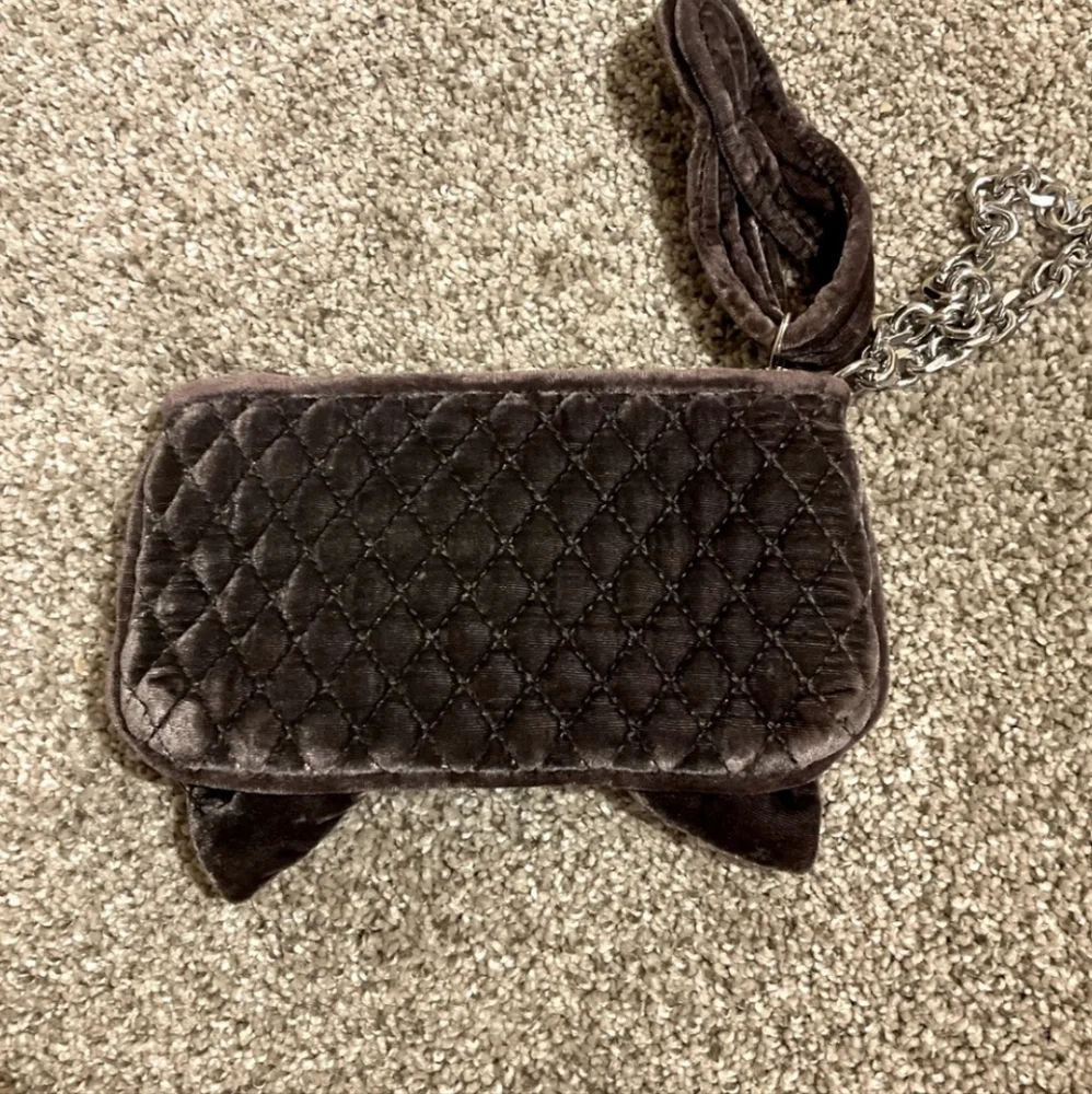 Juicy Couture Velvet Quilted Plush Bow Tie Wristlet Wallet In Chocolate Brown